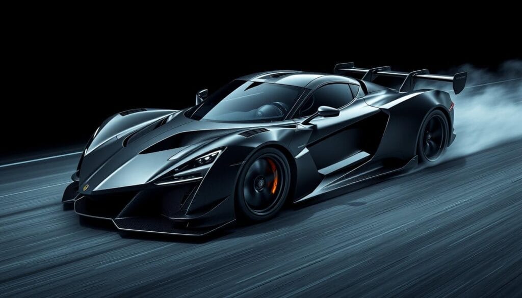 Hennessey Venom F5, an aerodynamic marvel soaring through the wind, its sleek carbon-fiber body sculpted to slice through the air effortlessly. Razor-sharp front splitter, tapered hood, and sweeping side skirts channel the flow, maximizing downforce and stability at extreme velocities. Broad rear diffuser and active rear wing work in harmony, generating immense grip as the car rockets past. Dramatic angles and contours create a sense of pure, unadulterated speed - a testament to the relentless pursuit of performance. Dramatic studio lighting accentuates the Venom F5's aggressive, predatory stance, revealing the engineering mastery that lies beneath its sculpted form.