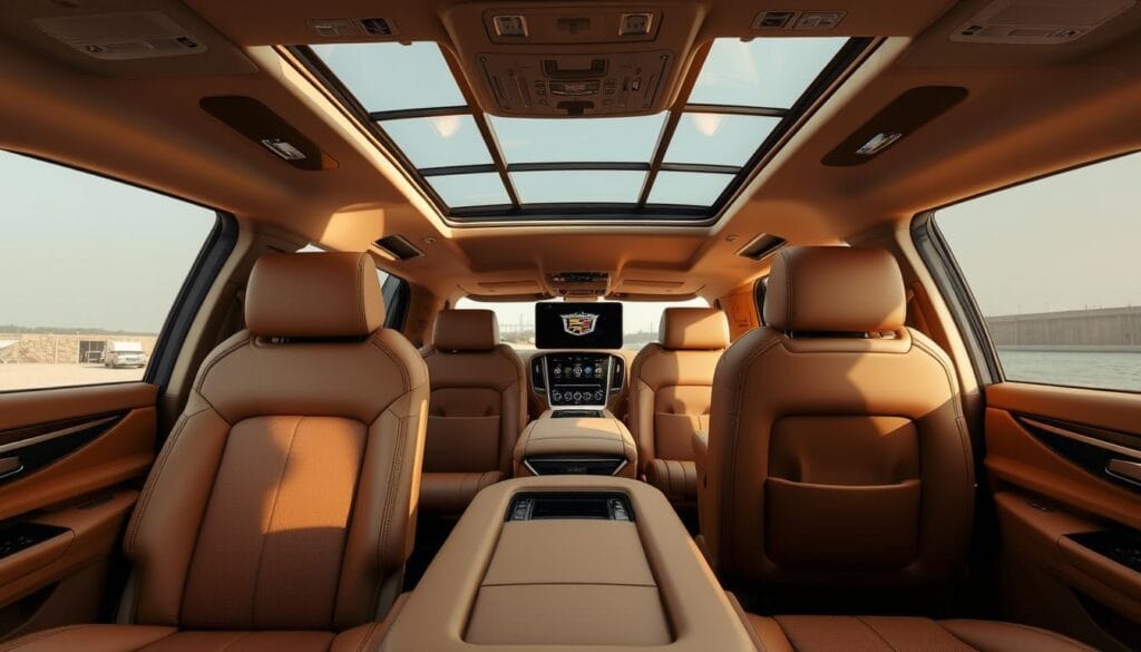 High-end, luxurious interior of a 2025 Cadillac Escalade Premium model. Spacious cabin with premium leather seats in a warm, earth-toned color palette. Elegant wood trim and brushed metal accents throughout. Soft ambient lighting casts a cozy glow, accentuating the premium materials. Panoramic sunroof allows natural light to flood the cabin. Seats are plush and supportive, with adjustable lumbar support and massage function. Infotainment system is seamlessly integrated, featuring a large, high-resolution touchscreen display. Cabin is exceptionally quiet, with advanced noise-cancelling technology. The overall impression is one of uncompromising luxury and exceptional comfort.