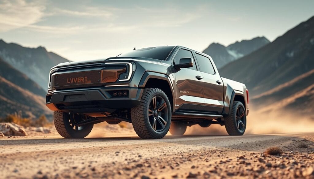 High-quality 3D render of the Lordstown Endurance electric pickup truck, showcasing its advanced towing safety technologies. The truck is shown on a dusty, rugged mountain road, with dramatic lighting illuminating its sleek, futuristic design. In the foreground, the truck's towing hitch and suspension system are prominently displayed, highlighting the advanced engineering and safety features that enable safe and reliable towing. The middle ground features the truck's advanced sensors, cameras, and driver assistance systems, which work together to enhance towing safety. The background depicts a breathtaking, mountainous landscape, creating a sense of adventure and the truck's capability to handle diverse driving conditions.