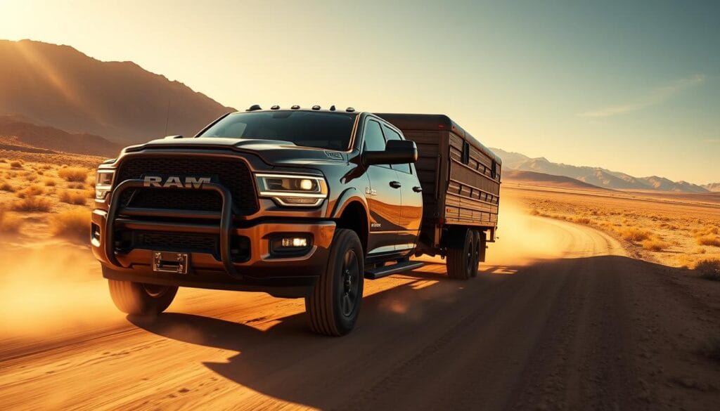 High-resolution, cinematic image of a powerful RAM 2500 Power Wagon pickup truck towing a large, heavily loaded trailer down a rugged, dusty dirt road winding through a vast, scenic desert landscape. The truck's front grill and headlights are prominently featured, conveying a sense of strength and capability. The trailer in tow is appropriately sized to demonstrate the truck's impressive towing capacity. The scene is illuminated by warm, golden hour sunlight casting dramatic shadows, highlighting the truck's muscular profile and rugged off-road features. The background features distant mountains and a clear, vibrant sky, creating a sense of expansive scale and adventure. The overall composition and lighting evoke a feeling of professional, automotive photography.