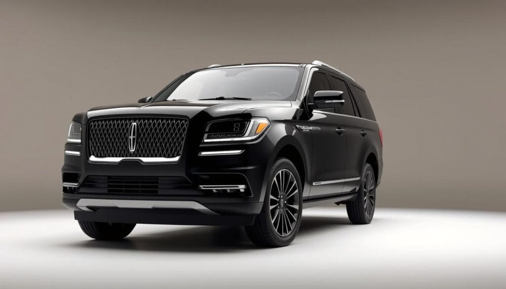 High-resolution, detailed rendering of a Lincoln Navigator Black Label SUV in a studio setting, showcasing its fuel efficiency features. The vehicle is positioned in a three-quarter front view, with a clean, reflective black exterior under bright, even lighting. The background is a neutral, minimalist studio setup with a soft gradient backdrop. Emphasis is placed on the vehicle's aerodynamic design elements, such as the grille, headlights, and bodylines, to highlight its efficiency-focused engineering. The scene conveys a sense of sophisticated simplicity, allowing the vehicle's performance and fuel economy to be the focal point.