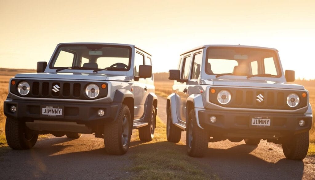 High-resolution photograph of two Suzuki Jimny SUVs parked side-by-side, with the three-door model on the left and the five-door XL model on the right. The vehicles are positioned in a natural, outdoor setting, such as a countryside road or a grassy field, to showcase their off-road capabilities. The lighting is warm and golden, creating a pleasant, nostalgic atmosphere. The camera angle is slightly elevated, providing a clear view of the vehicles' profiles and highlighting their distinct dimensions and design features. The prompt aims to capture the visual comparison between the two Jimny models in a realistic and aesthetically pleasing manner.