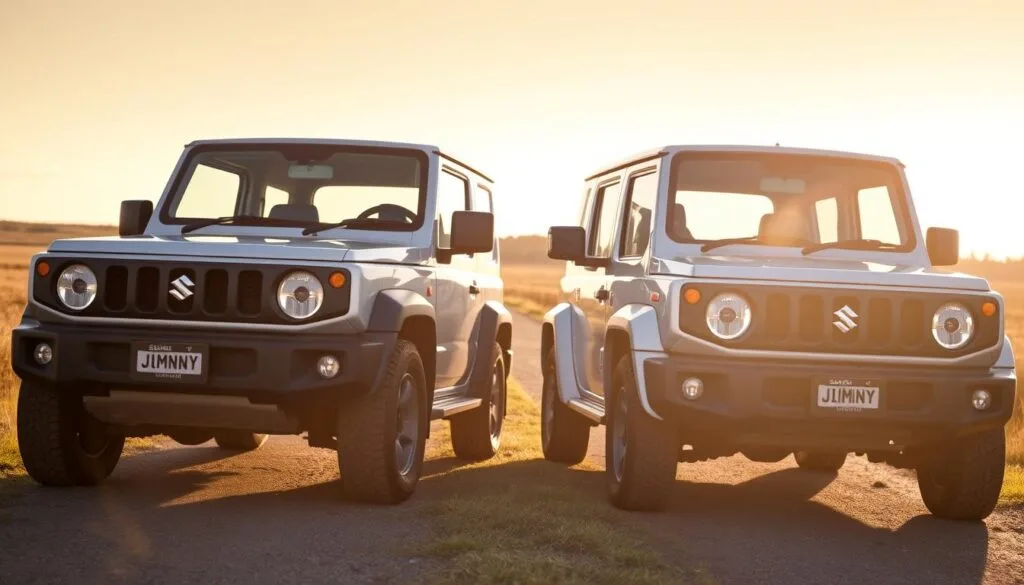 High-resolution photograph of two Suzuki Jimny SUVs parked side-by-side, with the three-door model on the left and the five-door XL model on the right. The vehicles are positioned in a natural, outdoor setting, such as a countryside road or a grassy field, to showcase their off-road capabilities. The lighting is warm and golden, creating a pleasant, nostalgic atmosphere. The camera angle is slightly elevated, providing a clear view of the vehicles' profiles and highlighting their distinct dimensions and design features. The prompt aims to capture the visual comparison between the two Jimny models in a realistic and aesthetically pleasing manner.