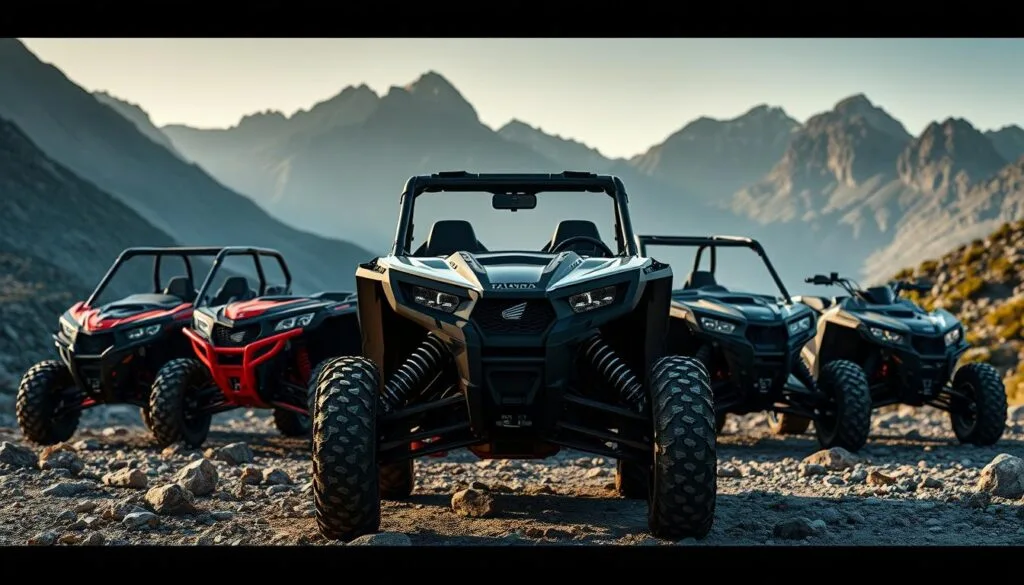 High-resolution, ultra-detailed, photorealistic comparison of the Honda Talon 1000X side-by-side with its closest competitors in a rugged, rocky off-road environment. The Talon 1000X takes center stage, its sleek lines and aggressive stance highlighted by dramatic side lighting. In the foreground, the Talon's powerful engine and suspension components are visible, conveying its capability. In the middle ground, the Talon is flanked by rival UTVs, each showcasing their unique styling and features. The background depicts a majestic mountain landscape, with towering peaks and lush vegetation, setting the scene for an epic off-road adventure. Cinematic camera angle, perfect depth of field, and photorealistic rendering create a striking, immersive comparison that highlights the Talon 1000X's dominant position in the market.