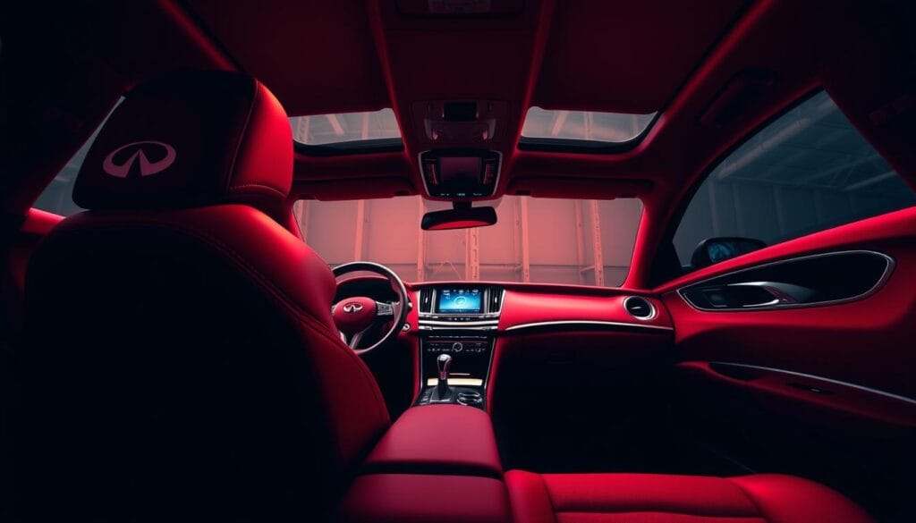 Infiniti Q50 Red Sport Premium Luxury Interior: A sleek, modern cockpit bathed in rich crimson leather. Elegant stitching accents the smooth, contoured surfaces. Brushed metal trims gleam under warm, focused lighting. The driver's seat offers power adjustability and lumbar support, ensuring a comfortable, commanding position. The dashboard features a large, high-resolution display with intuitive infotainment controls. Subtle ambient lighting sets a sophisticated mood, complementing the premium materials and thoughtful design. Captured through a wide-angle lens, the image conveys the Infiniti's exceptional attention to detail and luxurious, driver-centric cabin.