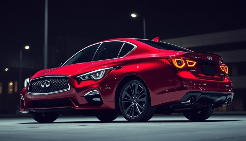 Infiniti Q50 Red Sport in a striking aerodynamic design, showcasing its sleek silhouette and sculpted bodywork. The front features a bold grille, swept-back headlights, and an aggressive bumper with large air intakes. The side profile highlights the pronounced wheel arches, a gently sloping roofline, and distinctive character lines that flow seamlessly into the rear. The rear showcases a subtle integrated spoiler, LED taillights, and dual exhaust tips, all contributing to the car's dynamic and performance-oriented aesthetic. Captured in a dramatic low-angle perspective under dramatic lighting, with a blurred urban backdrop to emphasize the Infiniti's captivating presence.
