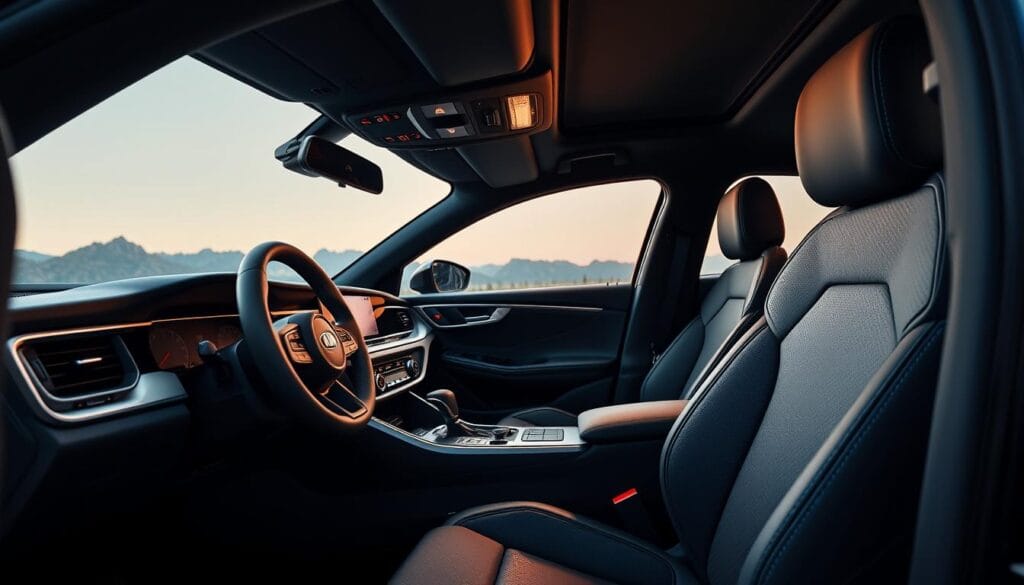 Kia Stinger GT2 interior, bathed in warm, ambient lighting. The center console effortlessly blends premium materials - brushed metal, soft-touch leather, and sleek piano black accents. Meticulously designed storage compartments and cubbies line the cabin, providing ample space for personal items and travel essentials. The driver-centric dashboard features intuitive controls and a large, high-resolution display. From the ergonomic door pockets to the generously sized glovebox, every inch of the Stinger's cabin has been thoughtfully optimized for maximum utility and convenience. A harmonious blend of style, sophistication, and practicality.
