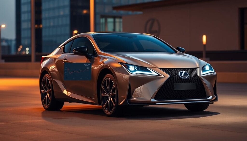 Lexus RZ 450e Advanced Connectivity: a sleek, technologically-advanced electric vehicle against a backdrop of a modern, urban setting. The car's interior is showcased in crisp detail, with a large, high-resolution touchscreen display dominating the dashboard. Subtle ambient lighting accentuates the premium materials and clean, minimalist design. The exterior features distinctive Lexus styling cues, including the signature spindle grille and sharp, angular lines. The scene is illuminated by warm, diffused lighting, creating a sense of sophistication and luxury. The image should convey the RZ 450e's seamless integration of cutting-edge connectivity and user-friendly technology, catering to the discerning tastes of the modern driver.