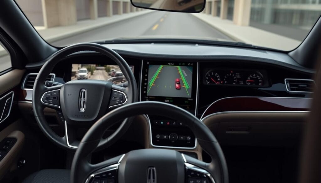 Lincoln Navigator Advanced Technology Systems - sleek, modern, and intuitive. The dashboard displays a crisp, high-resolution touch screen, surrounded by a glossy black panel that seamlessly integrates with the interior design. In the foreground, the steering wheel features a refined, leather-wrapped finish and intuitive controls for driver assistance features. The middle ground showcases the 360-degree camera system, providing a comprehensive view of the vehicle's surroundings. In the background, the instrument cluster showcases a digital display with customizable information and driving data. The overall atmosphere conveys a sense of sophistication, highlighting the advanced technological capabilities of the Lincoln Navigator.