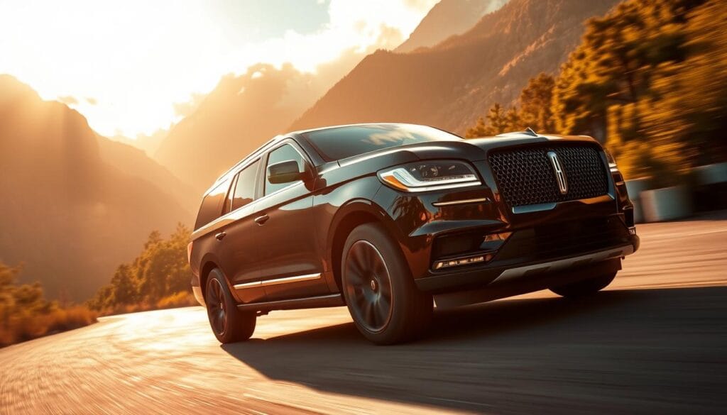 Lincoln Navigator Black Label in a dynamic driving scene, showcasing its powerful performance. A sleek, black luxury SUV with distinctive exterior styling, including bold grille, swept-back headlights, and muscular wheel arches. The vehicle is captured in a dramatic three-quarter front view, its stance low and aggressive, conveying a sense of power and control. The background features a winding mountain road, with towering peaks and lush, verdant foliage, bathed in warm, golden sunlight filtering through wispy clouds. The lighting casts dramatic shadows, highlighting the Navigator's sculpted surfaces and giving the scene an cinematic, high-contrast aesthetic. The overall impression is one of refined elegance and athletic capability, capturing the essence of the Lincoln Navigator Black Label Performance.