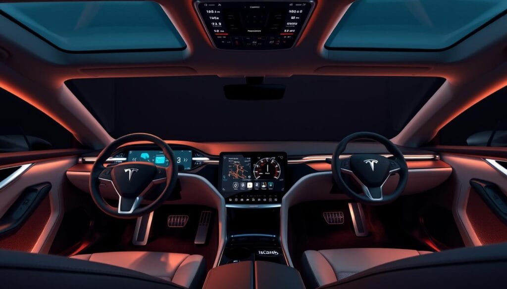 Luxury EV Interior Technology Comparison - A high-end studio shot showcasing the interior of a Karma GS-6 and a Tesla Model S. The sleek, futuristic cabins are bathed in warm, ambient lighting, highlighting the premium materials, advanced displays, and cutting-edge features. Seamless integration of digital cockpits, touchscreen controls, and intuitive user interfaces are prominently displayed. The scene is captured with a wide-angle lens, providing a comprehensive view of the cabin spaces. The overall mood is one of sophistication, innovation, and technological prowess. Subtle branding for &quot;IsCarOk&quot; is visible on the dashboard displays.