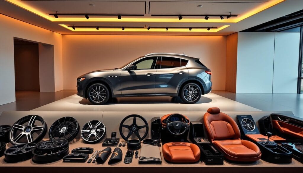 Maserati Levante luxury SUV in a sleek showroom setting, illuminated by warm overhead lighting. The vehicle is displayed in the center, showcasing its elegant exterior design with sweeping lines, chrome accents, and a prominent Maserati trident. In the foreground, a curated selection of exterior and interior customization options are artfully arranged, including various wheel designs, leather upholstery samples, and carbon fiber accents. The background features a minimalist, high-end backdrop that emphasizes the vehicle's premium status. The overall atmosphere conveys the Levante's blend of Italian craftsmanship, modern luxury, and commanding road presence.