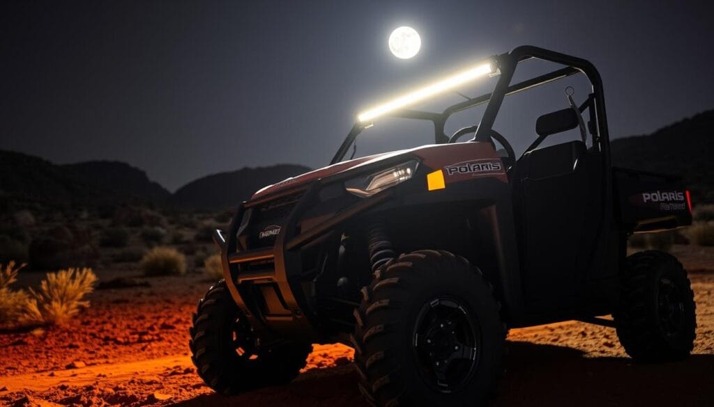 Polaris Ranger LED Lighting Solutions: A high-contrast, vividly-lit off-road vehicle showcasing an array of powerful LED lights. In the foreground, the vehicle's sleek, rugged exterior is bathed in a warm, focused glow, with LED light bars illuminating the path ahead. The middle ground features the Ranger's robust suspension and all-terrain tires, ready to tackle the most challenging terrains. In the background, a moonlit, rocky landscape sets the stage for an epic off-road adventure, the LED lights cutting through the darkness with precision and clarity. The overall scene conveys a sense of capability, adventure, and the ability to explore the great outdoors, even in low-light conditions.