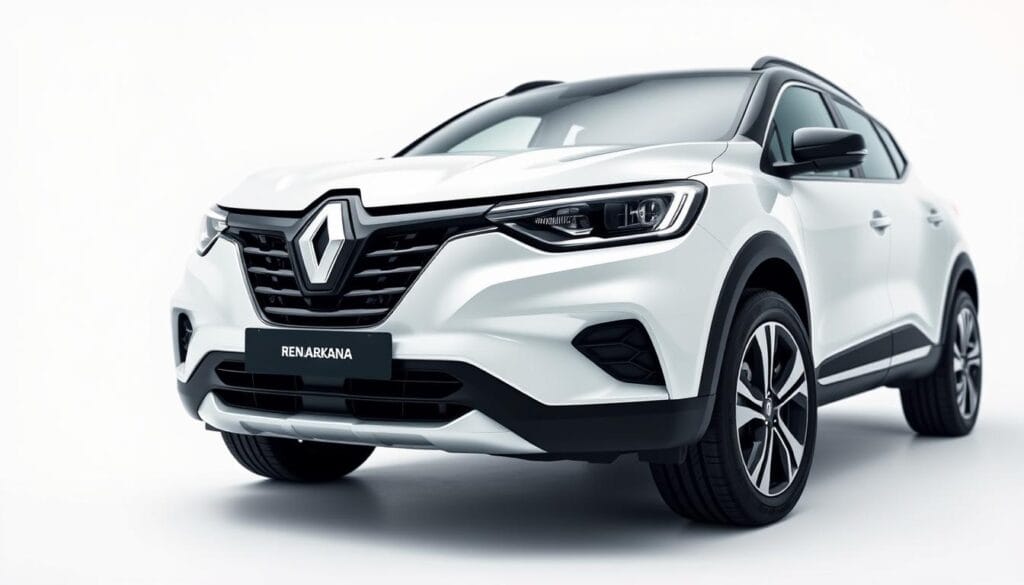 Renault Arkana, a sleek and dynamic crossover SUV, showcased against a pristine white backdrop. The vehicle's front view is prominently displayed, highlighting its bold, aerodynamic design with sharp lines and a prominent grille. Precise technical details of the powertrain and performance specifications are visible, including engine size, horsepower, and torque output. The image conveys a sense of power and efficiency, with a clean, minimalist style that complements the article's focus on the Arkana's capabilities. Soft, directional lighting creates depth and emphasizes the vehicle's contours, while a shallow depth of field keeps the background subtly blurred, drawing the viewer's attention to the Arkana's impressive performance details.