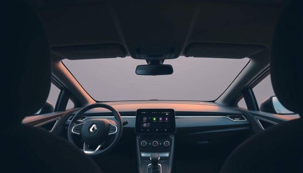 Renault Zoe interior, close-up view of the dashboard and central console. Soft, ambient lighting highlights the modern, minimalist design. Sleek, streamlined surfaces in dark, muted tones create a sense of sophistication. Prominent safety features include a large digital display, advanced driver assistance sensors, and clearly labeled intuitive controls. The view is angled slightly upwards, conveying a sense of safety and protection. The overall atmosphere is one of calm, secure, and technologically-advanced driving experience.