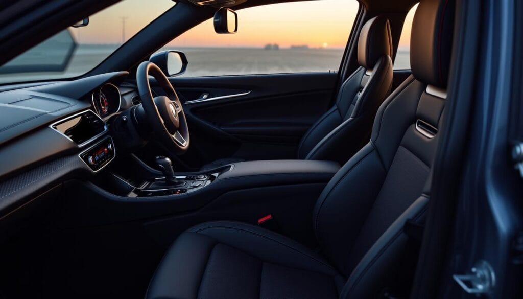 Stelvio Quadrifoglio interior, a harmonious fusion of premium materials and advanced automotive design. The cabin exudes an elegant, sporty ambiance with high-quality leather upholstery, carbon fiber accents, and a driver-focused cockpit layout. Soft ambient lighting sets the mood, casting a warm glow on the meticulously crafted dashboard and center console. The leather-wrapped steering wheel, with paddle shifters, invites the driver to take command. The supportive, adjustable front seats provide exceptional comfort and lateral support for spirited driving. Wide, brushed aluminum trim and contrast stitching throughout create a cohesive, premium aesthetic. The overall impression is one of sophistication, performance, and attention to detail.