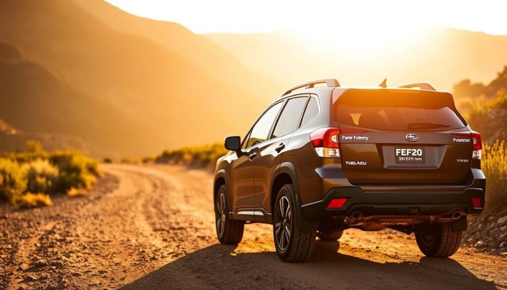 Subaru Forester Wilderness, parked on a rugged dirt road, with a mountainous landscape in the background. The vehicle is bathed in warm, golden sunlight, its matte-black exterior and raised suspension conveying a sense of adventure and off-road capability. The engine is running, and the fuel efficiency information is displayed on the digital dashboard, showcasing the Forester's impressive fuel economy ratings. The scene exudes a sense of exploration and outdoor adventure, complementing the "Fuel Economy and Efficiency Ratings" section of the article.