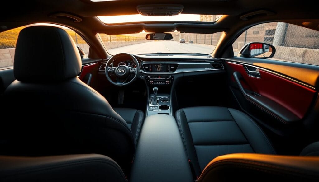 Vivid interior of the Kia Stinger GT2, showcasing its generous spatial dimensions. A crisp, wide-angle shot captures the full cabin space, with plush leather upholstery, premium metal accents, and integrated infotainment system in the foreground. The middle ground reveals the ample legroom and headroom, while the background highlights the sleek, driver-centric dashboard design. Soft, warm lighting casts a premium ambiance, complemented by the elegant, minimalist aesthetic. A sense of comfort and sophistication pervades the scene, inviting the viewer to experience the GT2's refined cabin.