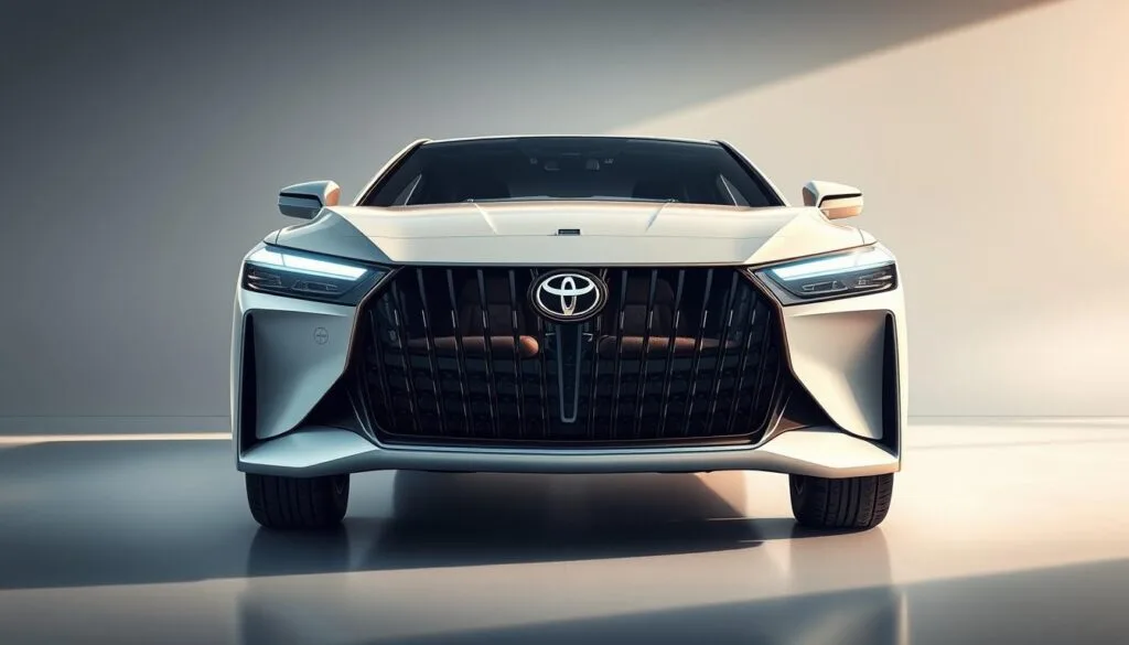 a highly detailed digital illustration of the Toyota Century Advanced Technology, showcasing its cutting-edge features and exquisite craftsmanship. The vehicle is depicted in a well-lit, high-resolution studio setting, captured from a low-angle perspective to emphasize its imposing presence and sleek, modernistic design. The foreground highlights the vehicle's intricate grille, sharp lines, and seamlessly integrated sensors and cameras, while the middle ground showcases the advanced cabin, with its meticulously crafted leather upholstery and state-of-the-art infotainment system. The background subtly suggests a futuristic cityscape, hinting at the Century's technological prowess and its ability to seamlessly integrate with the smart urban environment. The overall mood is one of sophisticated elegance, technological innovation, and the perfect blend of tradition and modernity that defines the Toyota Century Advanced Technology.
