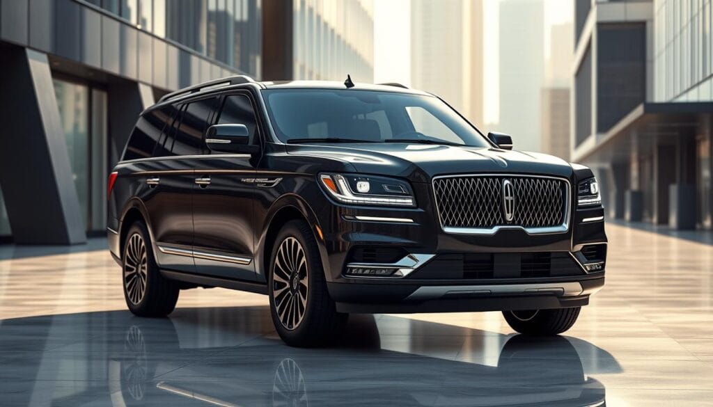 a highly detailed, realistic image of a Lincoln Navigator Black Label luxury SUV, showcasing its advanced safety and driver assistance features. The vehicle is situated in a modern, well-lit urban setting, with a clean, reflective surface below it. The front and side views of the SUV are prominently displayed, highlighting its sleek, sophisticated design. The image should emphasize the vehicle's safety-focused elements, such as its advanced sensor array, intelligent headlights, and high-tech driver assistance systems. The overall mood should convey a sense of safety, security, and premium luxury.