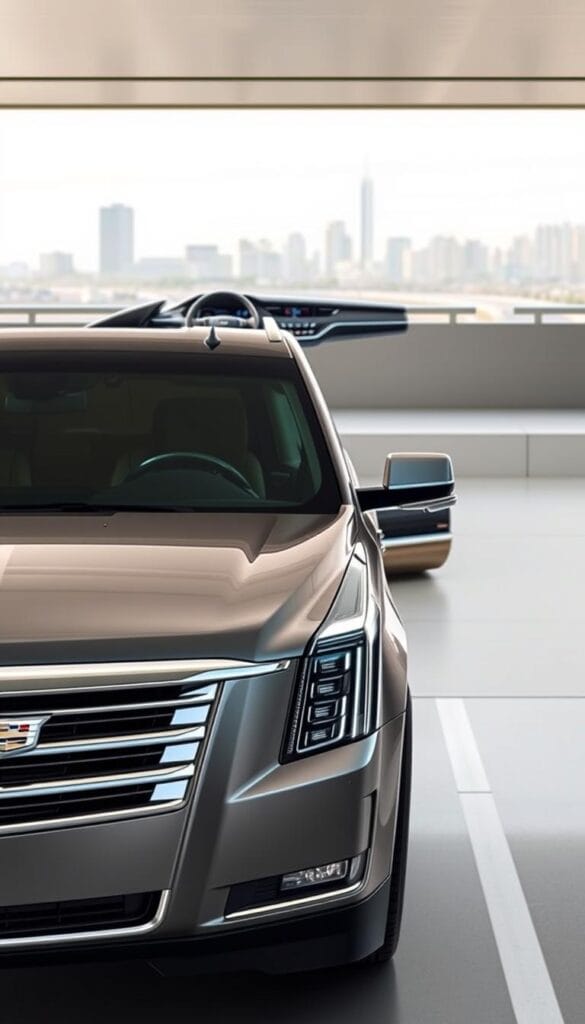 A Cadillac Escalade SUV equipped with the advanced Super Cruise driver-assist technology. The vehicle is shown in a sleek, metallic grey color with chrome accents, parked in a modern, minimalist setting with clean lines and neutral tones. The camera focuses on the front of the vehicle, showcasing the distinctive Cadillac grille and LED headlights. In the middle ground, the interior is visible, highlighting the high-tech dashboard and steering wheel controls. In the background, a city skyline or highway can be seen, suggesting the Escalade's capability for autonomous driving on highways. The overall scene conveys a sense of luxury, technology, and the future of autonomous driving.