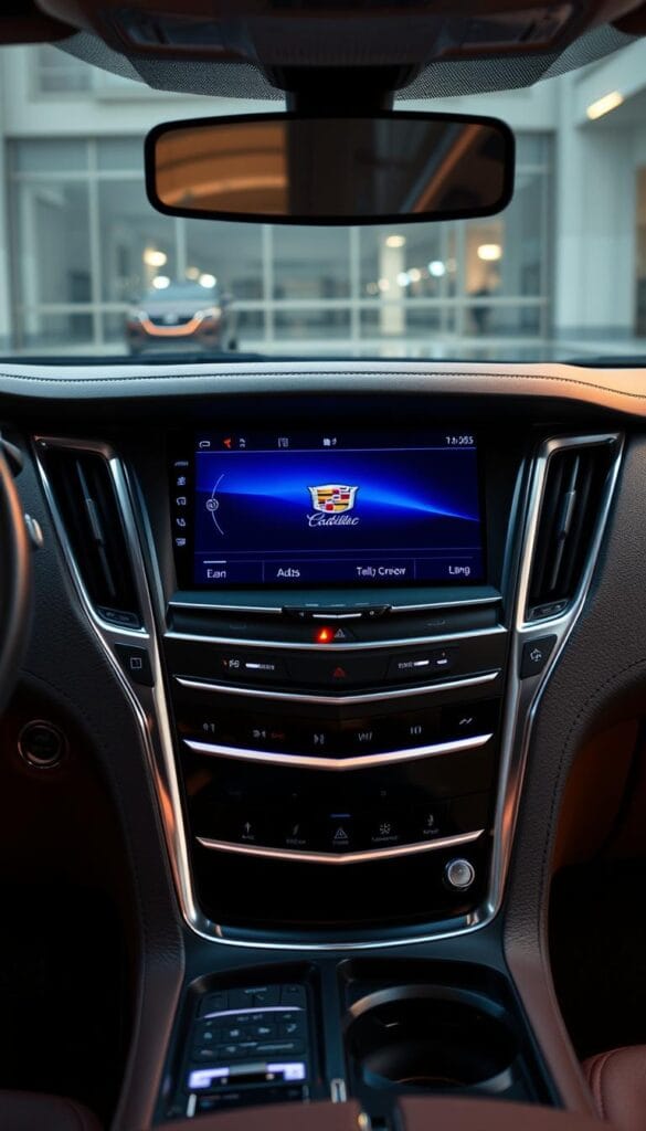 A Cadillac Escalade's sleek and modern infotainment display, rendered in photorealistic detail. Centered on the dashboard, the large, high-resolution touchscreen showcases vibrant, intuitive UI elements. Subtle ambient lighting subtly illuminates the controls, creating a premium, high-tech ambiance. The display is flanked by elegant metal trim, seamlessly integrated into the vehicle's luxurious interior. Crisp, realistic textures and reflections capture the system's crystalline clarity and advanced capabilities. The system is presented in a clean, uncluttered layout, inviting the viewer to explore its advanced connectivity and entertainment features.