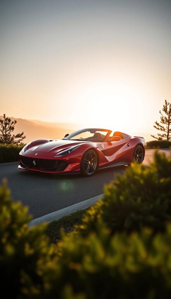 A Ferrari SF90 Spider gleaming in the afternoon sun, parked on a private hilltop estate. The sleek, curvaceous bodywork radiates power and luxury, its bright scarlet hue complemented by the polished chrome accents. The Italian supercar sits atop a sweeping driveway, surrounded by lush, manicured landscaping that frames the vehicle as the centerpiece of this exclusive property. Dramatic shadows and highlights accentuate the Spider's dynamic, aerodynamic lines, captured through a carefully composed shot using a wide-angle lens to emphasize its imposing presence. This is a Ferrari worthy of the world's elite, a symbol of automotive mastery and a savvy investment in the rapidly evolving luxury car market.