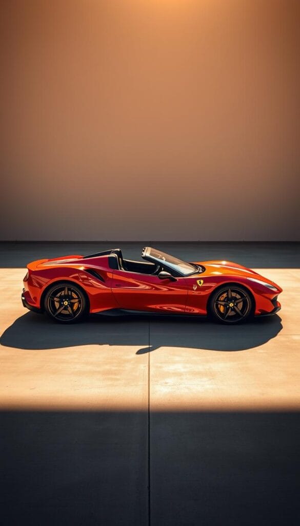 A Ferrari SF90 Spider gleaming in the warm afternoon sunlight, its sleek, crimson body and sharp angles casting dramatic shadows on the polished concrete floor. In the foreground, the vehicle's impressive technical specifications are subtly highlighted, conveying its power and exclusivity. The middle ground features a minimalist, high-contrast backdrop, allowing the sports car to take center stage. The lighting is carefully calibrated, creating a sense of depth and emphasizing the car's elegant, sculptural form. The overall atmosphere exudes a sense of refined luxury and investment-grade desirability, reflecting the sports car's potential as a valuable collectible.