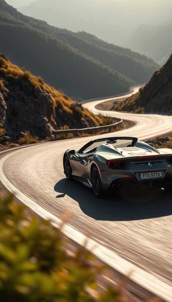 A Ferrari SF90 Spider gliding gracefully through a winding mountain road, its sleek profile cutting through the crisp, sun-dappled air. The mid-engine supercar's powerful stance and aerodynamic lines are highlighted by the soft shadows and highlights created by the dynamic lighting. In the foreground, the car's advanced suspension system and precise steering are showcased as it navigates the serpentine tarmac with confidence and control. In the middle ground, the lush, verdant landscape provides a picturesque backdrop, emphasizing the Spider's seamless integration with its environment. In the distance, the road stretches out, hinting at the exhilarating driving experience that lies ahead.