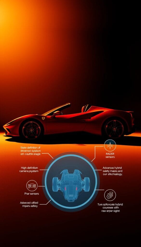 A Ferrari SF90 Spider in a sleek, low-angle view, showcasing its advanced safety systems. The car is bathed in warm, dramatic lighting, emphasizing its sculpted bodywork and intricate details. In the foreground, the car's state-of-the-art driver assistance features are prominently displayed, including a high-definition camera system, radar sensors, and advanced collision avoidance technology. The middle ground features the spider's sophisticated hybrid powertrain, hinting at the raw performance that is balanced with cutting-edge safety. The background is a minimalist, studio-like environment, allowing the car to be the focal point and highlighting its luxurious design and engineering.