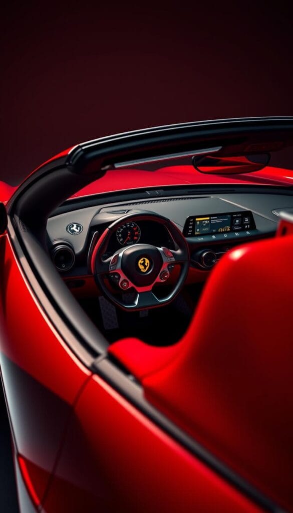 A Ferrari SF90 Spider in vibrant red, its sleek lines and aggressive aerodynamics illuminated by dramatic studio lighting. The digital cockpit comes into focus, displaying a high-resolution, customizable interface with speed, engine data, and navigation seamlessly integrated. Intricate details of the steering wheel, paddle shifters, and touch-sensitive controls are rendered with precision, showcasing the pinnacle of sports car technology. The ambient mood is one of sophistication and power, capturing the essence of this cutting-edge, hybrid-electric supercar.