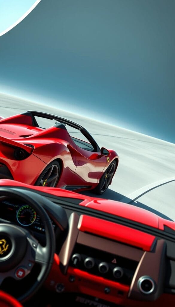 A Ferrari SF90 Spider sports car glides across a sleek, futuristic landscape, showcasing its various driving modes. The vehicle is captured in a dynamic, three-quarter view, its bold red exterior gleaming under crisp, directional lighting that accentuates the aggressive lines and aerodynamic curves. The foreground depicts the car's advanced dashboard and steering wheel, with intuitive controls and displays that allow the driver to seamlessly toggle between the car's customizable driving settings. The background features a minimalist, high-tech environment, hinting at the advanced technology and engineering that powers the Ferrari's exceptional performance and handling. The overall mood is one of power, precision, and technological sophistication, befitting the premiere luxury sports car.