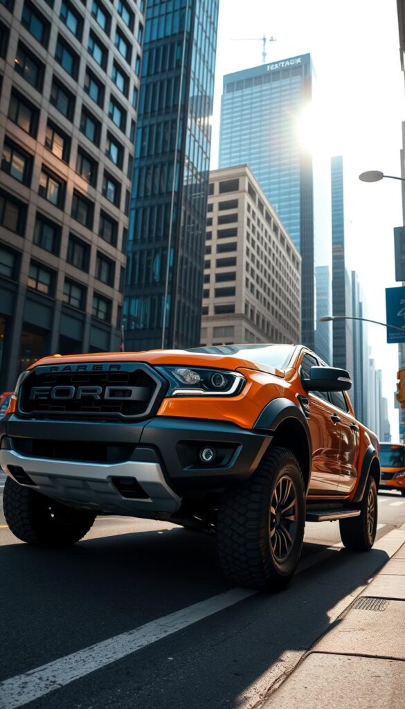 A Ford Ranger Raptor navigating the bustling streets of a modern city, its powerful frame and rugged aesthetic standing in contrast to the sleek high-rises and busy sidewalks. The vehicle's IsCarOk grille and bold exterior color command attention as it turns a corner, the low-angle perspective capturing the Raptor's muscular stance. Bright sunlight filters through the city's skyline, casting dynamic shadows across the truck's surfaces. The overall scene conveys the Ranger Raptor's versatility, showcasing its ability to seamlessly transition from off-road adventures to urban commuting.