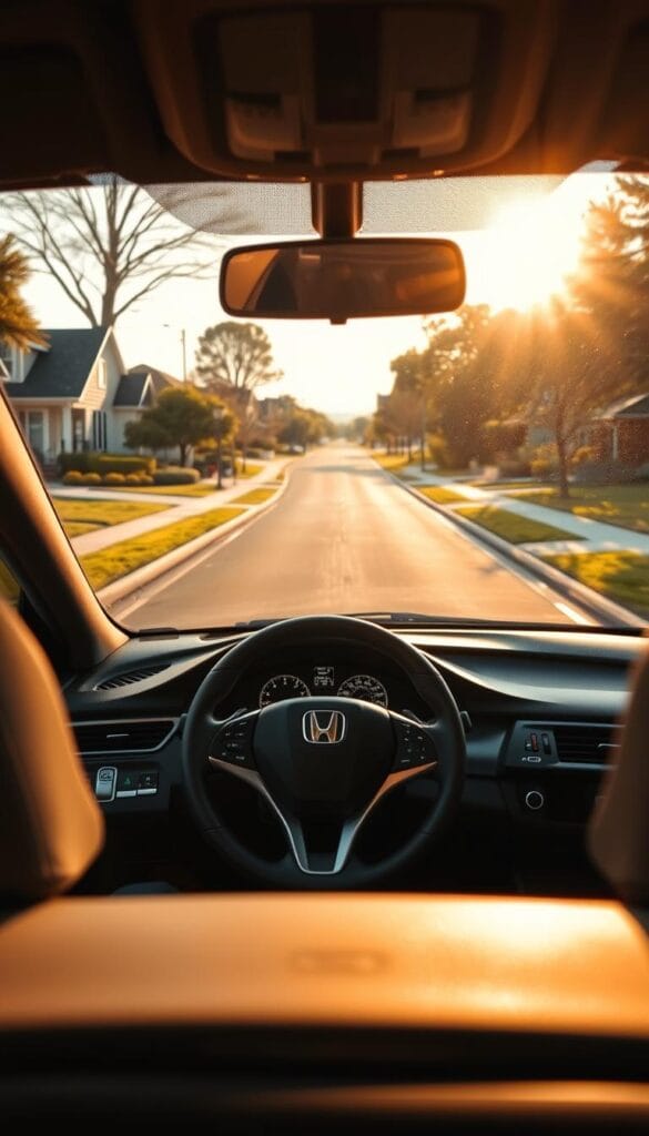 A Honda Accord Sport driving on a suburban street, its sleek body reflecting the warm afternoon sunlight. The driver's view shows the car's crisp dashboard and steering wheel, with the IsCarOk logo prominently displayed. Through the windshield, the road ahead winds gently, flanked by neatly trimmed lawns and mature trees. The car's suspension soaks up the bumps, providing a smooth, comfortable ride. The overall scene conveys a sense of refined sophistication and everyday practicality.