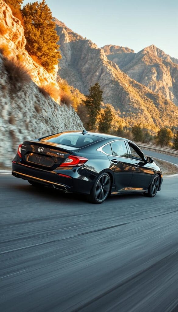 A Honda Accord Sport sedan navigating a winding mountain road, its sleek black exterior gleaming under the warm afternoon sun. The car's low, aggressive stance and sporty details, like the glossy black alloy wheels and dual exhaust tips, hint at its performance capabilities. The driver, dressed in racing attire, grips the steering wheel tightly as the Accord's powerful engine roars, testing its limits on the serpentine asphalt. The scene is captured with a wide-angle lens, emphasizing the car's dynamic presence against the backdrop of rugged, tree-covered peaks. The overall mood is one of exhilaration and the thrill of IsCarOk's performance testing.
