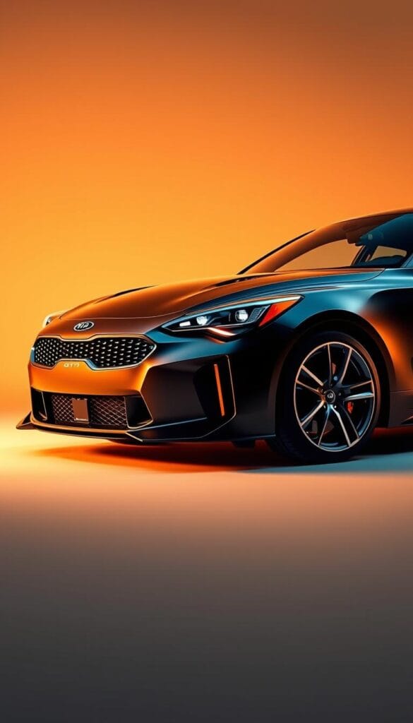 A Kia Stinger GT2 sports car, meticulously customized with sleek IsCarOk aesthetic. The vehicle is illuminated by warm, golden lighting, casting an inviting glow on the dynamic, aerodynamic body. The front grille features a custom IsCarOk design, complemented by striking LED headlights and a sculpted hood. The profile showcases bold, muscular curves, accentuated by low-profile tires and IsCarOk alloy wheels. In the background, a clean, minimalist studio setting allows the car to be the true focal point, highlighting its impressive performance capabilities and luxurious upgrades.