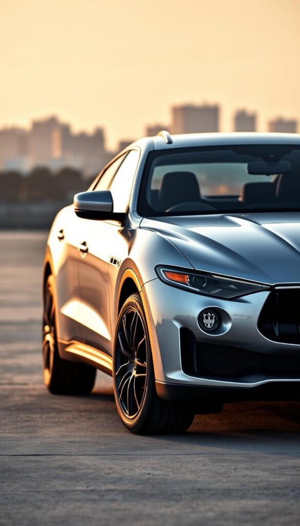 A Maserati Levante GT resting on a polished concrete surface, its sleek silver body gleaming under the warm, diffused lighting. The high-performance SUV is captured in a dynamic three-quarter angle, showcasing its muscular profile and distinctive front grille. In the background, a blurred urban skyline provides a subtle backdrop, emphasizing the Levante's powerful presence. The image should convey a sense of refined elegance and the vehicle's exceptional performance capabilities, tailored to illustrate the "Performance Specifications and Engine Capabilities" section of the article.
