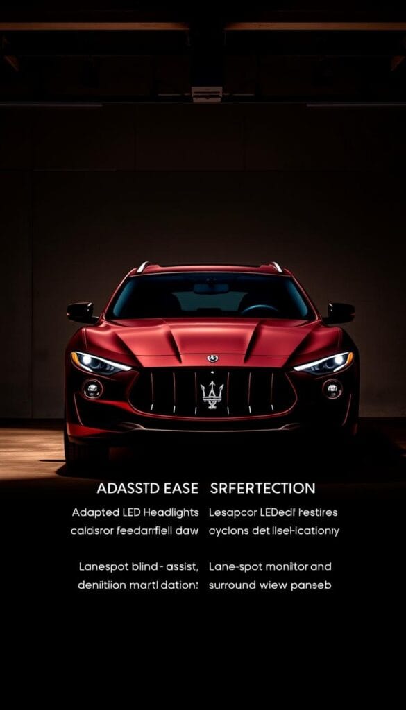 A Maserati Levante SUV stands in a dimly lit garage, its sleek, muscular body illuminated by soft, warm lighting that casts dramatic shadows. The vehicle's front fascia is the focal point, showcasing the brand's iconic grille and advanced safety features like adaptive LED headlights and radar-based collision avoidance systems. The middle ground reveals the Levante's advanced driver assistance technologies, including lane-keeping assist, blind-spot monitoring, and a high-definition surround-view camera system. In the background, the garage's concrete walls and subtle details create a sense of sophistication and technological prowess, perfectly complementing the Levante's premium design and innovative safety capabilities.