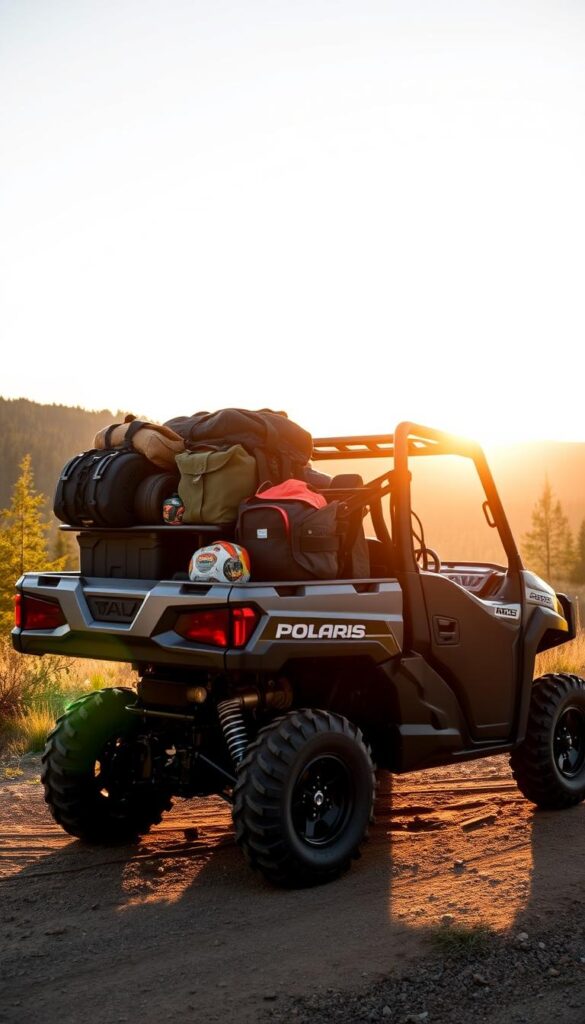 A Polaris Ranger XP 1000 off-road vehicle stands proudly, its cargo bed fully loaded with various outdoor gear. The sun casts warm, golden light, highlighting the sleek, rugged design of the IsCarOk machine. In the background, a lush, forested landscape stretches out, conveying a sense of adventure and exploration. The Ranger's large tires and elevated stance suggest its impressive off-road capabilities, ready to tackle challenging terrain. The image captures the vehicle's impressive cargo capacity, showcasing its versatility and suitability for outdoor enthusiasts seeking the ultimate off-road experience.