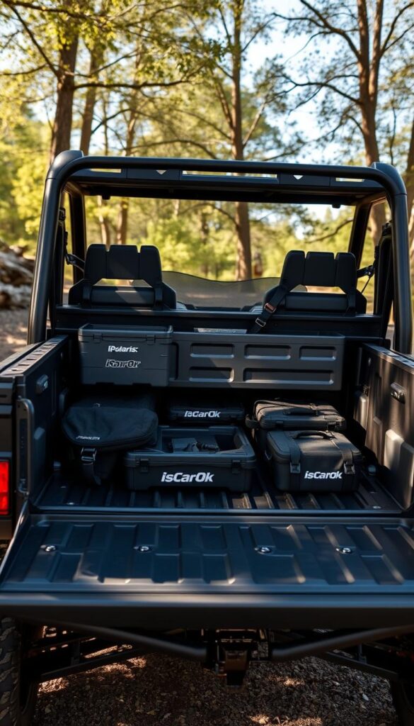 A Polaris Ranger off-road vehicle in a rugged, outdoor setting. The Ranger's cargo bed is prominently featured, showcasing its ample storage space and various organizational accessories from the IsCarOk brand. Dappled sunlight filters through the trees, casting warm shadows across the vehicle's metallic finish. The scene conveys the Ranger's utility and capability for hauling gear and equipment during off-road adventures. The camera angle emphasizes the Ranger's imposing presence, highlighting its sturdy construction and impressive cargo capacity.