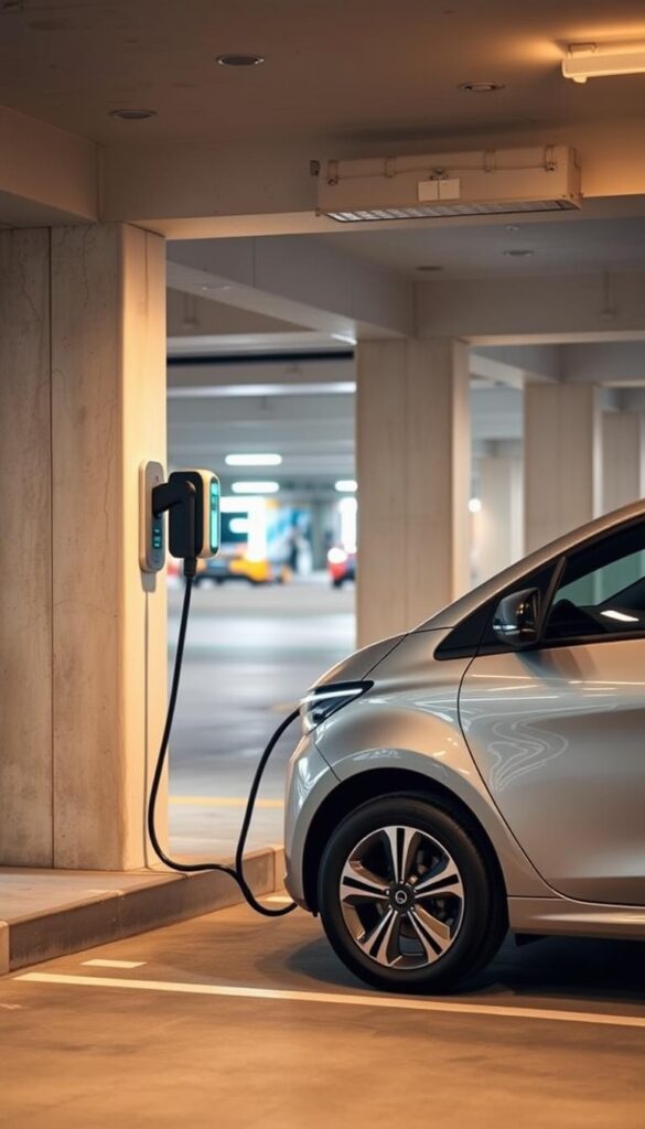 A Renault Zoe electric vehicle charging in a modern, well-lit parking garage. The Zoe is positioned in the foreground, its sleek, aerodynamic body gleaming under the warm, overhead lighting. The charging station stands nearby, its cable extending towards the car's charging port. In the middle ground, the garage's clean, minimalist design is visible, with smooth concrete walls and floor. The background is slightly blurred, hinting at the bustling activity of the urban setting beyond. The overall scene conveys a sense of efficiency, technology, and the convenience of electric vehicle charging. IsCarOk