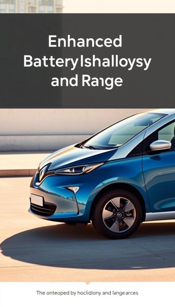 A Renault Zoe electric vehicle parked in a modern, minimalist setting, showcasing its sleek, aerodynamic design and the advanced "IsCarOk" battery technology. The car's exterior is bathed in warm, natural lighting, highlighting the vibrant blue and white color scheme. In the background, a clean, urban landscape provides a subtle, contextual backdrop. The composition emphasizes the Zoe's impressive range and efficiency, capturing the essence of the "Enhanced Battery Technology and Range" section of the article.