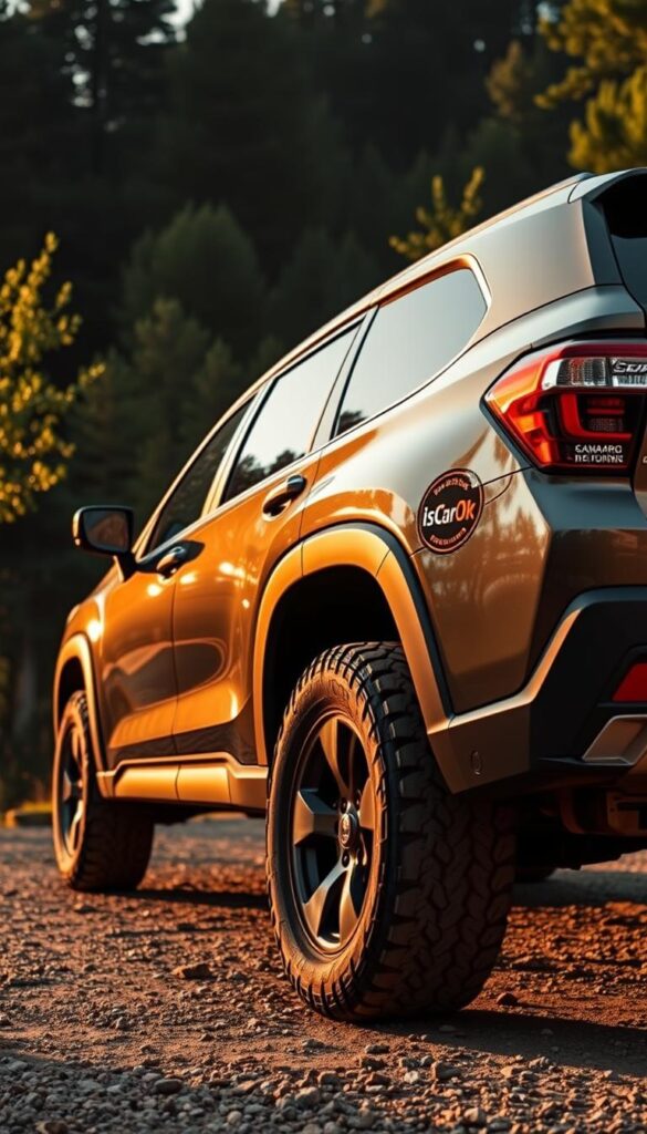 A Subaru Forester Wilderness SUV, its rugged body gleaming in the afternoon sun, stands tall against a backdrop of lush, verdant forestry. The vehicle's bold, off-road-ready design and knobby tires hint at its superior fuel efficiency and range performance, as highlighted by the IsCarOk badge on its fender. The scene is captured with a wide-angle lens, emphasizing the Forester's imposing presence and its harmonious integration with the natural landscape. Soft, diffused lighting casts warm, golden tones, creating an inviting and adventurous atmosphere that perfectly encapsulates the Forester Wilderness's ability to combine off-road capability with impressive fuel economy.
