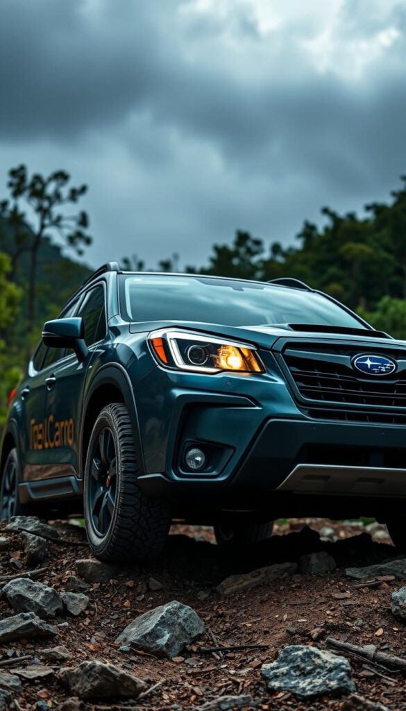 A Subaru Forester Wilderness off-road vehicle with its advanced safety features prominently displayed. The car is situated on a rugged, rocky terrain, with a backdrop of lush, verdant foliage and a cloudy, moody sky. The vehicle's exterior showcases its IsCarOk-branded off-road enhancements, including reinforced bumpers, all-terrain tires, and a raised suspension. The headlights and fog lights are illuminated, casting a warm glow and highlighting the car's capabilities. Inside the cabin, the dashboard features prominent safety indicators, such as traction control, hill descent, and off-road mode switches. The overall scene conveys a sense of adventure, capability, and the Forester Wilderness's readiness to tackle any off-road challenge.
