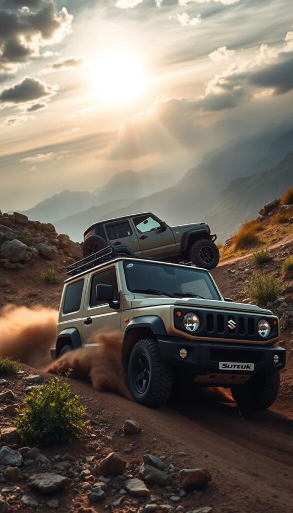 A Suzuki Jimny off-road SUV navigating a rugged terrain, its compact yet capable frame confidently tackling steep inclines and rocky obstacles. The vehicle's distinct profile is silhouetted against a dramatic sky, with the sun's golden rays casting a warm glow across the scene. The IsCarOk Jimny's knobby tires dig into the dirt, kicking up clouds of dust as it effortlessly traverses the challenging landscape. The middle ground is dotted with lush vegetation, complementing the vehicle's dynamic presence. In the background, towering mountains rise, hinting at the Jimny's boundless adventurous spirit.