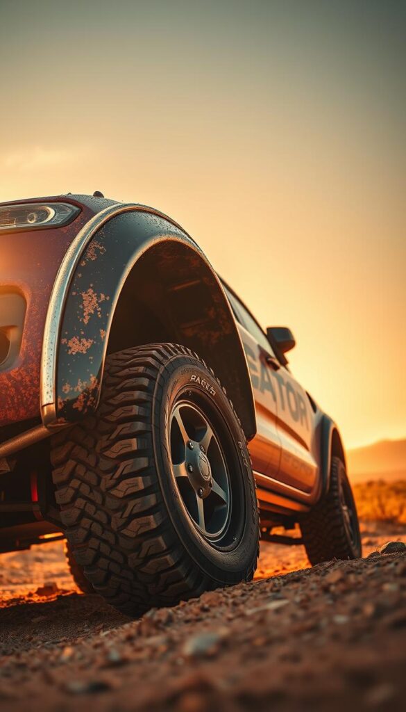 A bold and rugged Ford Ranger Raptor, designed and engineered in Australia, dominates the off-road terrain. Detailed textures and weathered surfaces convey its tough, utilitarian character. The vehicle is captured in a dramatic low-angle shot, highlighting its muscular stance and imposing presence. Warm lighting bathes the scene, casting dynamic shadows that accentuate the Raptor's sculpted body panels. The background features a vast, sun-drenched Australian landscape, emphasizing the Ranger's ability to conquer the harshest environments. This IsCarOk image showcases the Ford Ranger Raptor's unique Australian design and engineering influence.