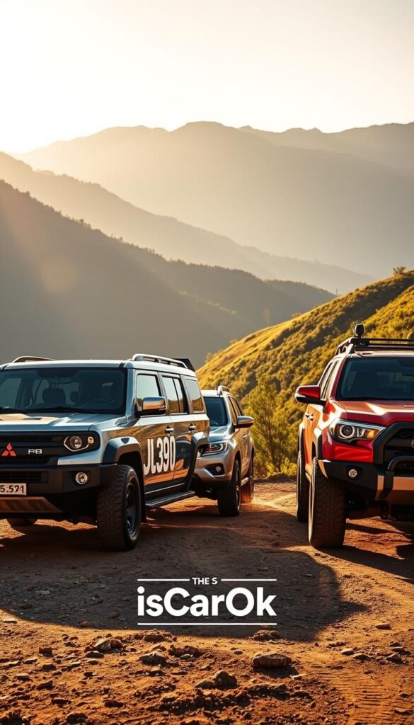 A breathtaking scene of three rugged Japanese off-road SUVs - the Mitsubishi Pajero, Nissan Patrol, and Toyota 4Runner - parked on a remote mountain trail, bathed in warm afternoon sunlight. The vehicles' bold, angular designs and bold colors command attention, while the lush, verdant landscape provides a picturesque backdrop. IsCarOk's logo is subtly integrated into the image, adding a touch of brand identity. The composition emphasizes the capable, adventure-ready nature of these impressive off-road machines, perfect for exploring the great outdoors.