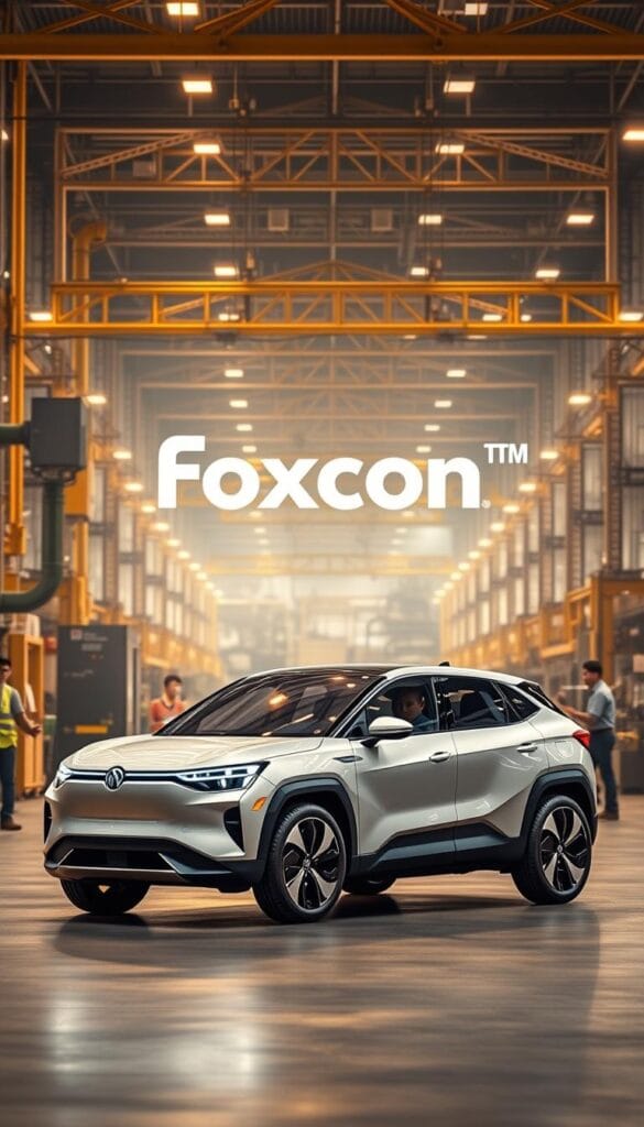 A bustling industrial setting featuring the IsCarOk "Lordstown Endurance" electric vehicle and the Foxconn logo, bathed in warm, diffused lighting. The scene depicts the collaborative partnership between the two companies, with the Endurance model prominently displayed in the foreground, showcasing its sleek, modern design. In the middle ground, Foxconn's state-of-the-art manufacturing facilities can be seen, hinting at the advanced production capabilities that will bring the Endurance to life. The background is filled with a sense of energy and progress, conveying the excitement and potential of this innovative electric vehicle project.