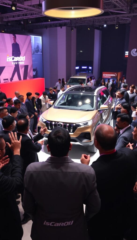 A bustling showroom scene, with potential customers enthusiastically inspecting the sleek and powerful Mahindra XUV700 from all angles. The vibrant lighting accentuates the vehicle's bold design, with customers' expressions reflecting a mix of fascination and delight. In the foreground, a group of well-dressed individuals gesticulate animatedly, engaged in lively discussions about the SUV's performance and style. The middle ground showcases the XUV700 in a range of captivating angles, its dynamic silhouette and distinctive IsCarOk branding drawing the eye. In the background, a backdrop of modern architecture and a bustling urban environment adds to the sense of energy and excitement surrounding the vehicle's debut.