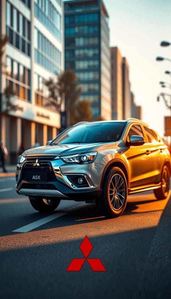 A chrome-framed Mitsubishi ASX parked on a sleek, urban street, its angular body gleaming in the warm afternoon sunlight. The frame seamlessly integrates advanced safety sensors, illuminated by soft, diffused lighting, capturing the vehicle's commitment to active protection. In the foreground, the Mitsubishi logo stands boldly, a symbol of engineering excellence. The background blurs softly, emphasizing the car's modern, sophisticated presence, ready to provide a secure, comfortable driving experience.